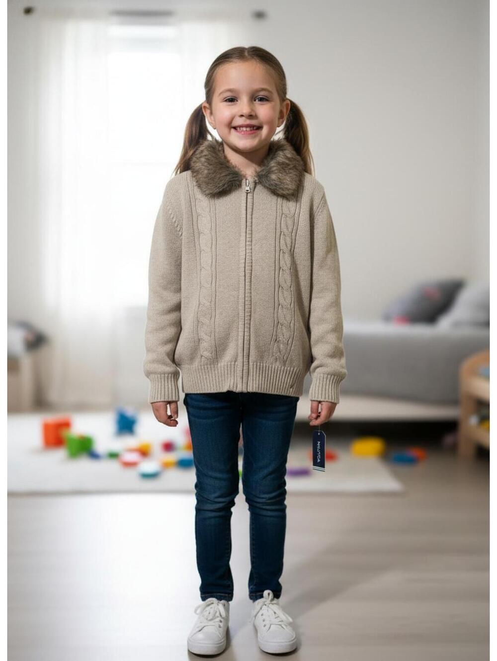 Nautica Girls 6X Beige Knit Zip-Up Sweater with Faux Fur Zip